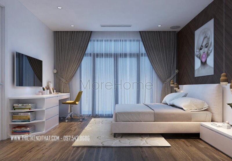 Phòng ngủ không thể thiếu được yếu tố ánh sáng tự nhiên cho căn phòng khu KTS sử dụng cửa kính cường lực và trông căn phòng cũng thoáng rộng hơn Kính cường lực đẹp, ấn tượng