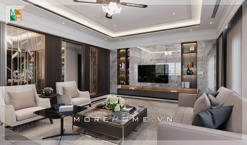 . Một bộ sofa phòng khách được bọc bằng nỉ cao cấp, tạo nên sự sang trọng và phù hợp với không gian phòng khách hiện đại.
