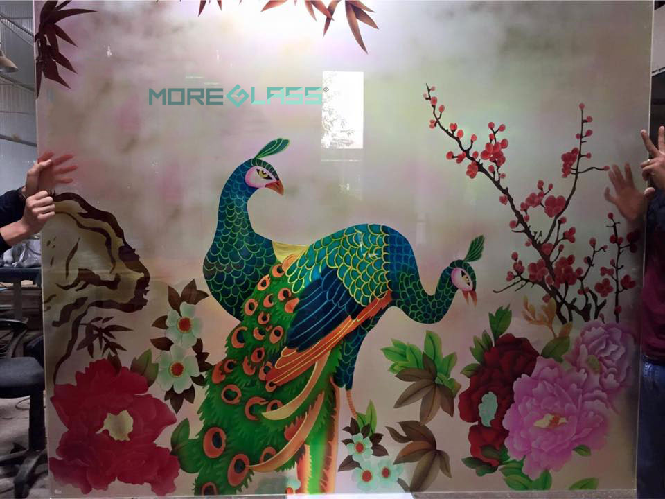 Tranh kính 3D hoa mẫu đơn và con công